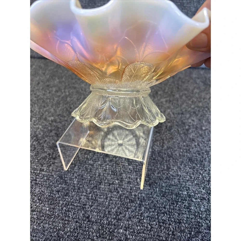 Vtg~Carnival Glass~Dugan Clear Glass Peach Opalescent Bowl w Leaf Pedestal